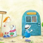 „Da drin“, sagt Hase Löffel, „gefunden, das ist ein Raben-Bein, quietsche-orange!“

Tiere stehen vor einem blauen Schuppen.