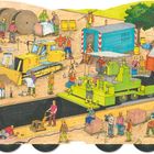 Es handelt sich um eine bunte Illustration einer Baustelle mit zahlreichen Bauarbeitern, Baggern und Lastwagen.