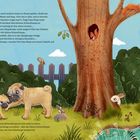 Text über Zweifel und Ermutigung eines Schmollmopses. Zwei Möpse, eine Maus, ein Hase und ein Igel in einer Gartenlandschaft.