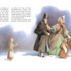 Texte links beschreiben ein Mädchen mit Schwefelhölzern. Rechts sind elegant gekleidete Personen im Schnee.