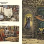 Links oben: "Niemand bemerkt Winz. Im Waschzuber …" 

Links unten: "In der Waffenkammer …" 

Rechts: "Oder auf dem Flur …" 

Illustration eines Drachen in einem Schloss.