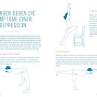 Übungen gegen die Symptome einer Depression. Beschreibungen von Yoga-Positionen: Vorwärtsbeuge, Krieger I, Krieger III. Illustrationen zeigen die Posen mit einem Stuhl.