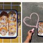 Eine Hand hält rosa Kreide, zeichnet ein Herz auf Asphalt. Rechts Plätzchen auf einem Tablett, links selbes Tablett auf Fliesen.