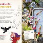 „Seifenblasen-Zauberstäbe“ ist eine Anleitung mit illustrierten Schritten und benötigten Materialien wie Ästen und Chenilledraht.