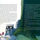 Ein Waschbär isst auf einer Picknickdecke. Links steht ein Mädchen mit Beeren. Es ist Nacht, Sterne und Mond leuchten.