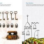 Links: Texte über Schlüssel und Schlösser, illustriert. Rechts: Text und Zeichnung einer Burg auf kariertem Hintergrund.