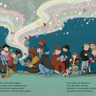 Zwei Textblöcke beschreiben Gemeinschaft und Verbundenheit. Kinder und Erwachsene stehen zusammen unter einem funkelnden Himmel.