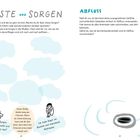 ÄNGSTE UND SORGEN. Wolken mit Gedanken, Tipp-Spalte, Abfluss mit Text zum Loslassen von Sorgen. Illustrationen von Menschen.