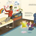 Ein Mann hält ein Bild mit einem Regenbogen. Ein Mädchen und ein leuchtendes Wesen springen freudig. Ein Büro mit Zeichnungen.