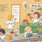 Text über fleißiges Weihnachtshelfer-Team bei Spielzeugherstellung. Engel bemalen, schrauben, nähen und verpacken Geschenke.