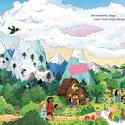 Text: "über eisbedeckte Berge, in das Tal der Sieben Zwerge."  
Illustration einer Märchenlandschaft mit Bergen, Wald und Figuren.