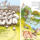 Links: Schafe stöhnen über die Hitze. Rechts: Ein Teich voller Krötenei und ein Schwein als Detektiv, das Enten befragt.