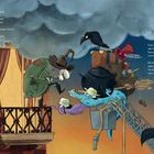 Ein Gedicht über eine Feuerwehraktion und eine Winterbeulenhexe. Eine humorvolle Szene mit Hexe, Rabe, Kessel und Leiter.