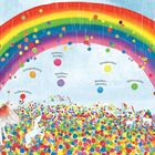 Ein farbenfroher Regenbogen, gespickt mit Regenblasen, Einhörner bewegen sich in einem Meer von bunten Kugeln.