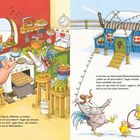 Texte: „Henri fing an, Plätzchen zu backen...“, „Er brachte am Hühnerstall Weihnachtsbeleuchtung an...“ Ein Schwein backt mit einem Hahn. Ein Hühnerstall ist geschmückt.