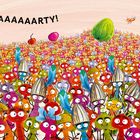 "PAAAAAAAAAAAARTY!" Viele bunte Wesen mit fröhlichen Gesichtern, einige tragen Hüte mit Federn. Obst fliegt über der Menge.
