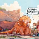 Sprechblase: "TRICERATOPS HONIGPOPS!" Ein orange-brauner Triceratops, zwei Menschen auf einem Felsen, ein Fahrrad im Hintergrund.