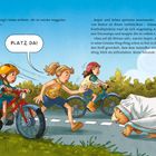 Text: »Peng-Peng!«, »PLATZ DA!«. Illustration von Kindern auf Fahrrädern, ein Mädchen rennt einem Triceratops mit Tuch hinterher.