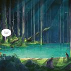 Sprechblase: "Das muss es sein." Illustration eines dichten Waldes mit einem leuchtenden, türkisblauen See.