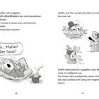 Texte beschreiben Muffins Entschlossenheit, einen Geist zu finden, und seine Pause. Illustrationen zeigen eine Katze und ein Kaninchen, die im Dorf nach dem Geist suchen.