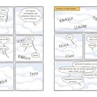 Eine Comic-Seite mit Figuren im Schnee. Texte beschreiben Geräusche wie "Knirsch" und Dialoge, z.B. "Was machen wir jetzt, Mette?".