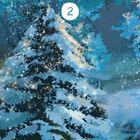 Die Zahl "2" steht auf einem blauen Hintergrund. Eine Illustration zeigt einen verschneiten Baum bei Nacht mit Lichtern.