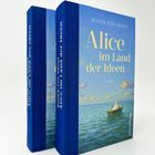 Zwei blaue Bücher mit dem Titel "Alice im Land der Ideen" von Roger-Pol Droit, zeigen ein Boot auf einem weiten Meer.