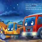 Text: „Und wenn der Bagger nicht schlafen kann...über sie wacht.“ Illustration von Mondnacht mit lächelndem Bagger und Kipper.