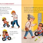 Text erklärt Verkehrssicherheit. Links Kind auf Laufrad, Mann am Handy, Hund. Rechts Oma und Kind an Straße. Farbig und lebendig.