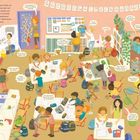 Das Bild zeigt ein Klassenzimmer voller spielender und lernender Kinder. Ein Lehrer und Tafeln mit Buchstaben sind zu sehen.