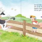 Die Kuh hebt elegant den Schwanz, übt Spitzentanz. Zeichnung: Kuh tanzt Ballett, Ziegen schauen zu, Junge und Mann grinsen.