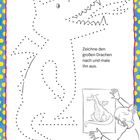 Text: "Zeichne den großen Drachen nach und male ihn aus." Ein Punkt-zu-Punkt-Drachenbild, zwei Personen betrachten eine Vorlage.