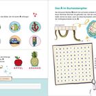 A wie Affe. Zeige Anna-Lena alle Bilder, die mit einem A anfangen. Apfel, Ananas. Übe, den Buchstaben A zu schreiben.