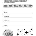 "Die vier Grundrechenarten" mit Begriffen zu Addition, Subtraktion, Multiplikation, Division und Illustrationen von Rechenzeichen.
