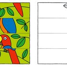 Eine bunte Illustration eines Papageis befindet sich links, auf grünen Zweigen mit Blättern. Rechts weiße, leere Kästchen mit Linien.