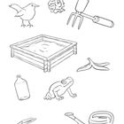 Text: "Im Garten entdecken Conni, Anna und Simon Müll. Male nur die Dinge aus, die in den Garten gehören." Darunter Zeichnungen: Vogel, Papiertüte, Harke, Hochbeet, Bananenschale, Flasche, Frosch, Plastikschale, Gießkanne.