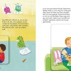 "Wer wird wütend?" Adil und Aline streiten. Zeichnungen: Kinder streiten, grünes Monster, Kind mit Dinosaurierspielzeug.