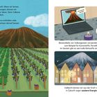 Texte beschreiben die Vorteile von Vulkanen, mit Illustrationen von Vulkanen, Pflanzenfeldern und Häusern.