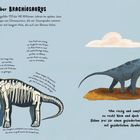 "Alles über Brachiosaurus." Saurierillustration: links Skelett, rechts Farbe. Text beschreibt Details zu Größe und Lebensweise.
