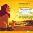 Text über einem Savannenhintergrund. Ein großer Löwe und ein junges Löwenjunges schauen in die Ferne bei Sonnenuntergang.