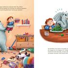 Links: Ein Elefant hebt ein Kind zum Aufräumen. Rechts: Kind und Elefant essen gemeinsam Brokkoli.