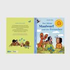 "Der kleine Maulwurf und der Fernseher." Illustration von Tieren vor einem Fernseher, Sonne lacht.