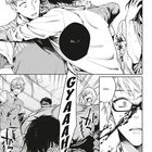 „Äh...?“, „Gyaaah!“, „Ishie...“. Szene aus Manga: Person mit Brille schaut schockiert auf eine dramatische Situation.