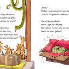 Texte über ein Paket mit Spannung: Eine Schlange und Erdmännchen umgeben es; eine Mütze ist darin. Farbig, humorvoll.