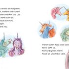 Zwei Texte über ein neues Einhorn. Illustration: Verschiedene bunte Einhörner, eines alleine und weinend.