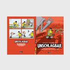 Links: "Der einzig wahre SUPERHELD des Comics". 
Rechts: "1. Gerechtigkeit und frisches Gemüse". 
Illustration mit Comicfiguren.