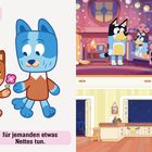 Links oben: "Liebe ist..." Rechts oben: "DAD, ICH HABE DURST." Cartoon mit Hund-Figuren in verschiedenen Szenen.