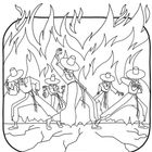 Fünf Tänzer in Tracht und Hüten, tanzen energisch vor lodernden Flammen.