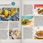 Typische Gerichte. Malpeque Oysters, Tourtière, Digby Scallops, Chowder, Poutine. Bilder der Gerichte, Zitronen, Muscheln, Kuchen.
