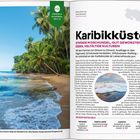 Überschrift: Karibikküste. Strände, Dschungel, Kultur. Tropischer Strand mit Palmen, klarem Wasser und sanften Wellen.